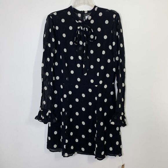 Reformation Fox Dress ES Sz 12 L Black White Polka Dot Mini Tie Neck Ruffl… - Picture 2 of 11